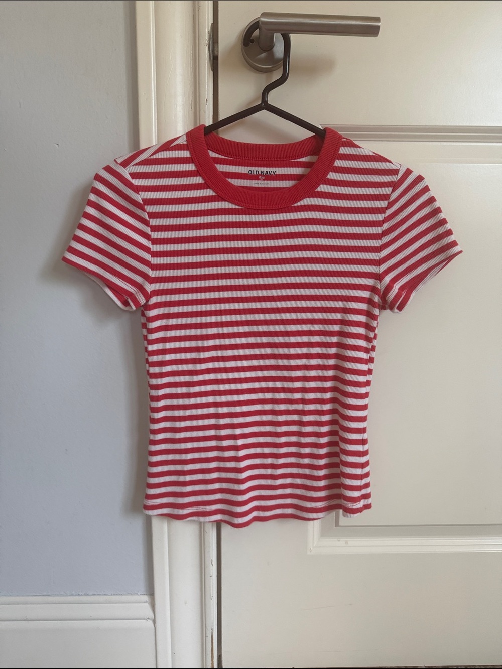 Old Navy Red and White Striped Crewneck Tee